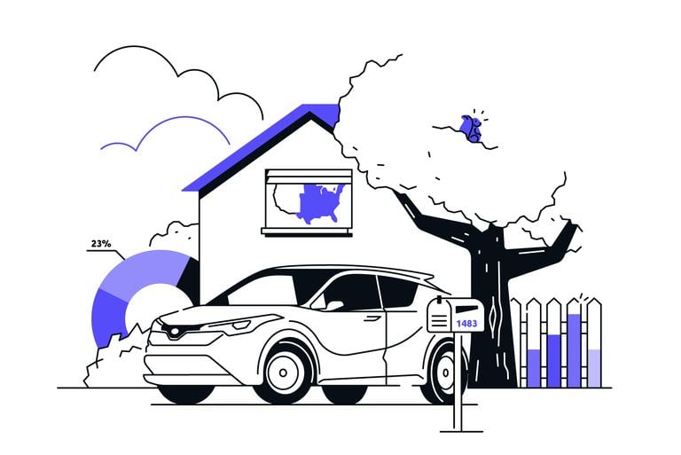 Car parked in front of a cartoon house.