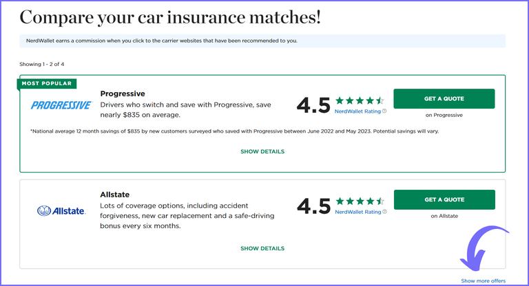 NerdWallet quote results page